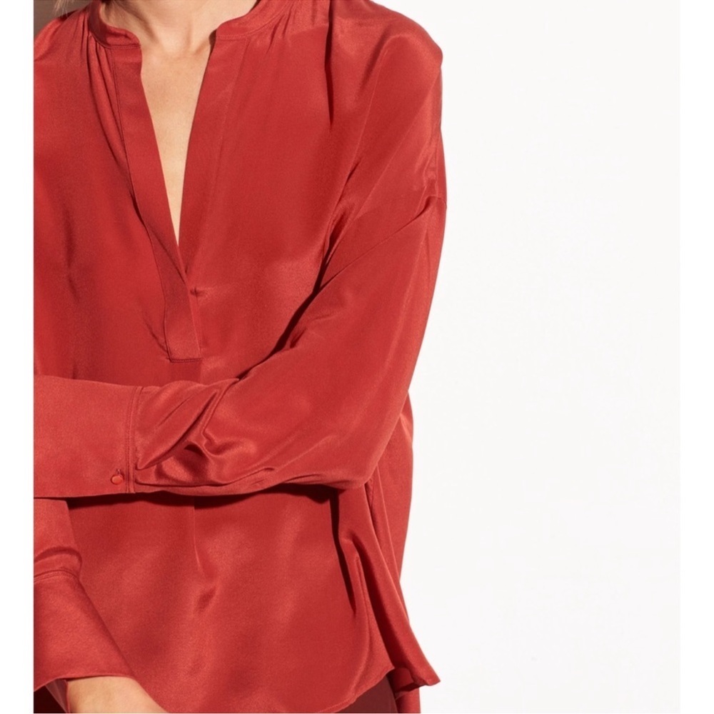 Vince Silk Band Collar Blouse Adobe Red Long Sleeve Minimalist Size M - Picture 6 of 12